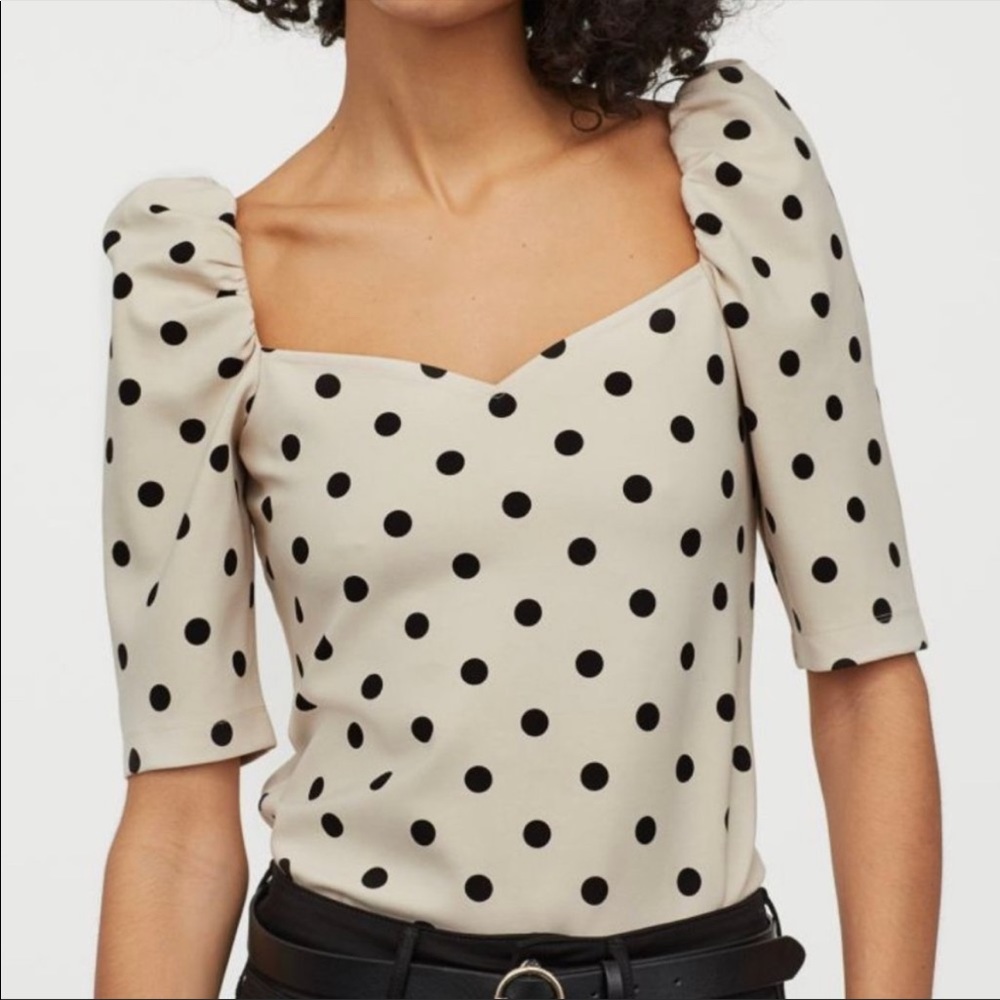 H&M WOMEN SCUBA TOP PUFF SLEEVES, SWEETHEART NECKLINE